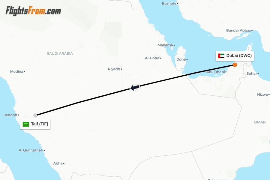 Flights from Dubai to Taif route map