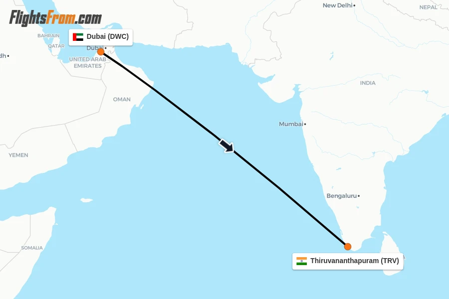 Flights from Dubai to Thiruvananthapuram route map