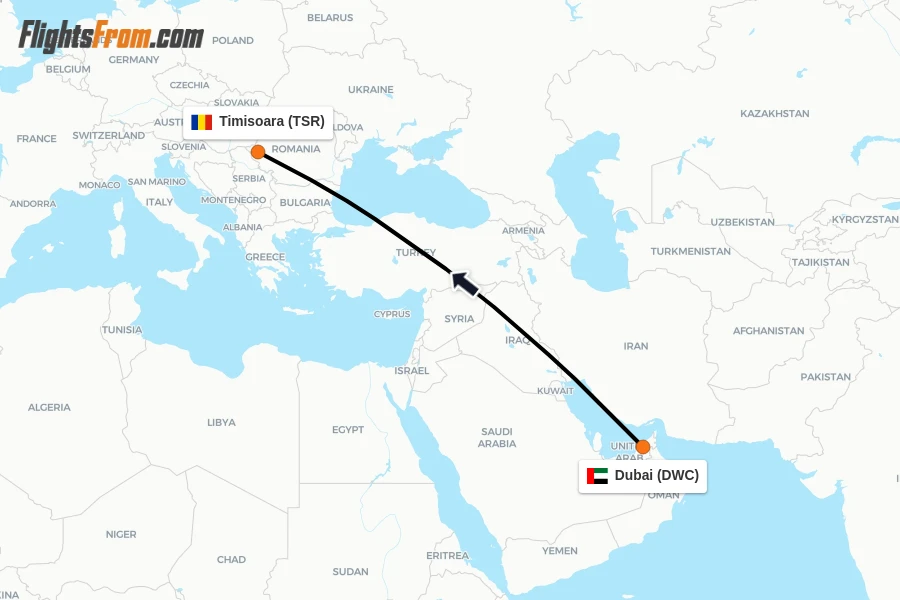 Flights from Dubai to Timisoara route map