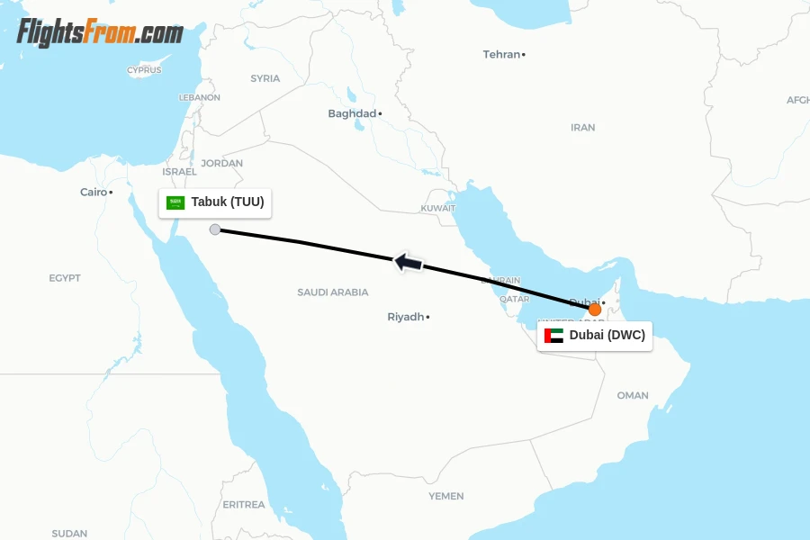 Flights from Dubai to Tabuk route map