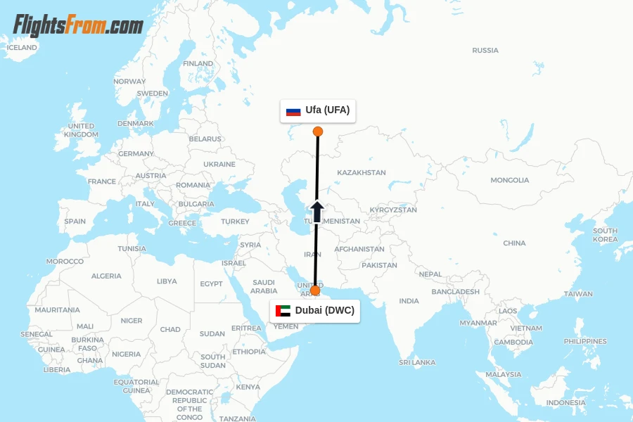 Flights from Dubai to Ufa route map