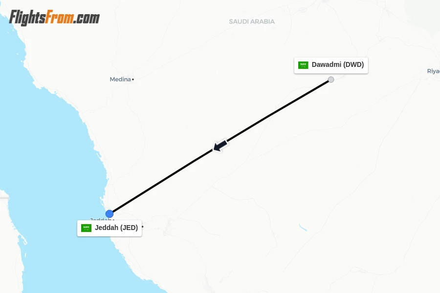 Flights from Dawadmi to Jeddah route map