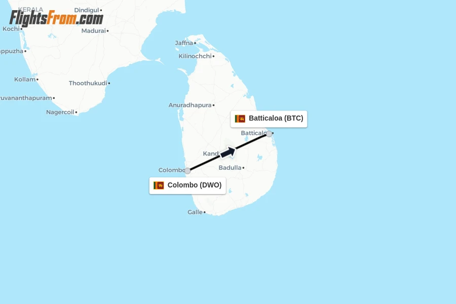 Flights from Colombo to Batticaloa route map