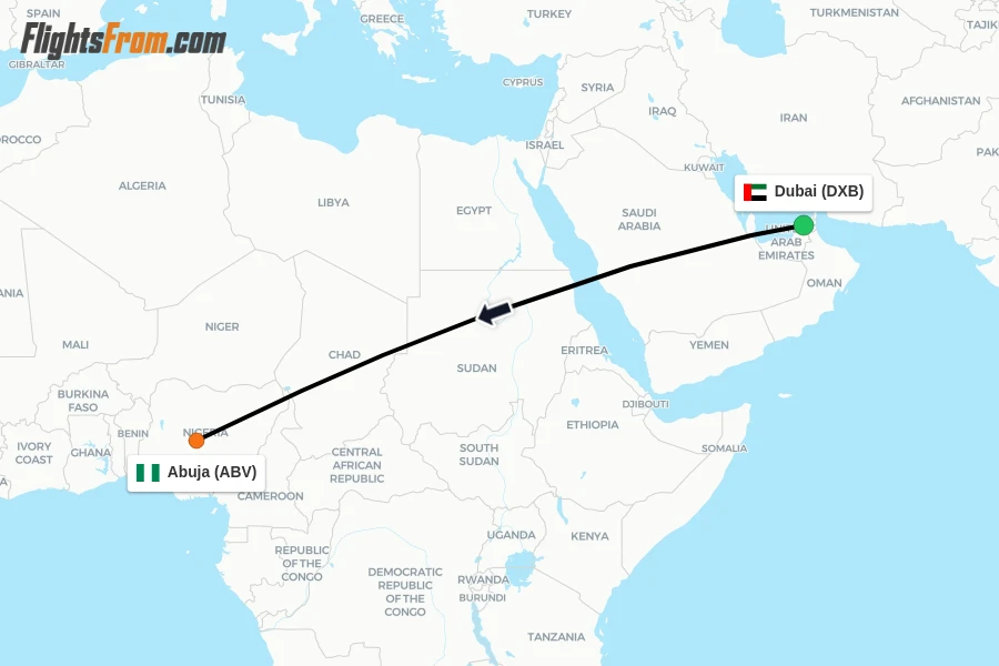 Flights from Dubai to Abuja route map