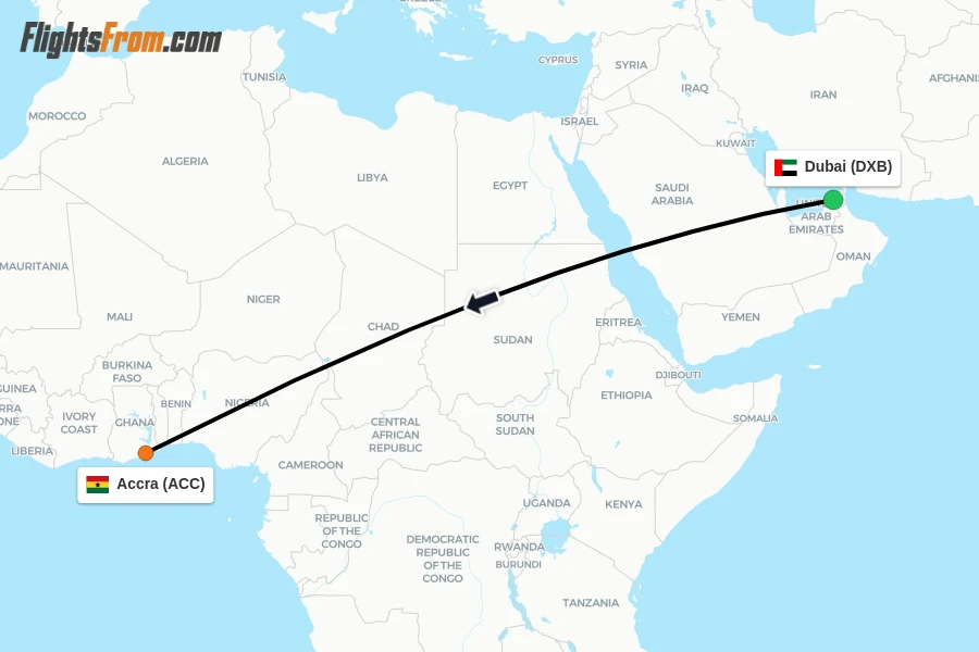 Flights from Dubai to Accra route map