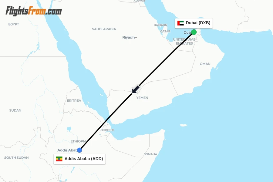 Flights from Dubai to Addis Ababa route map