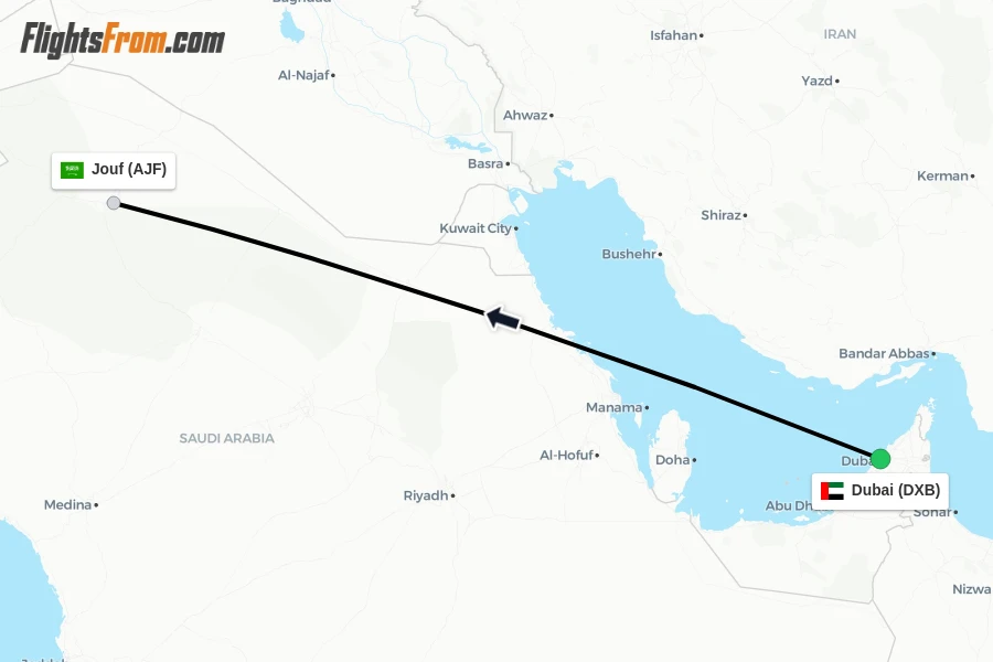 Flights from Dubai to Jouf route map