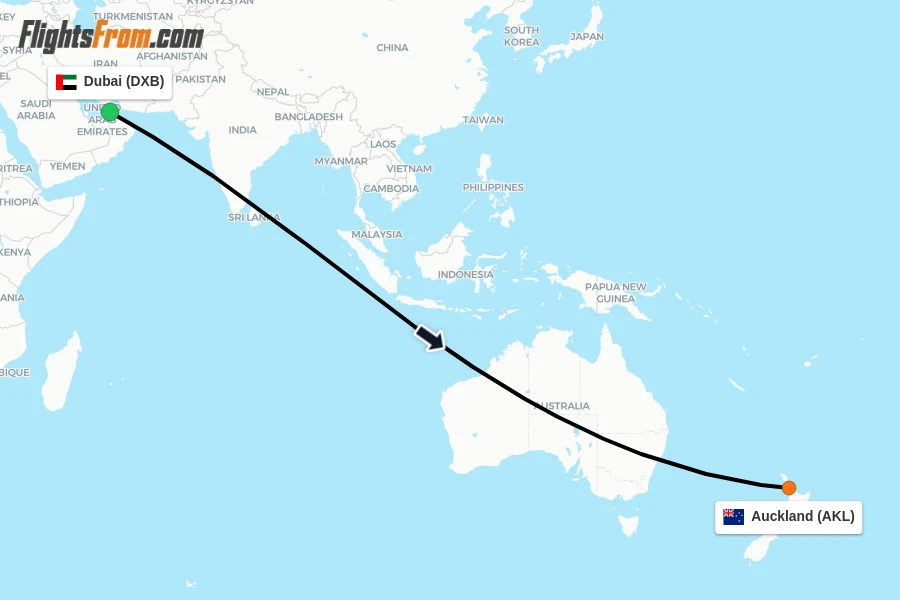 Flights from Dubai to Auckland route map