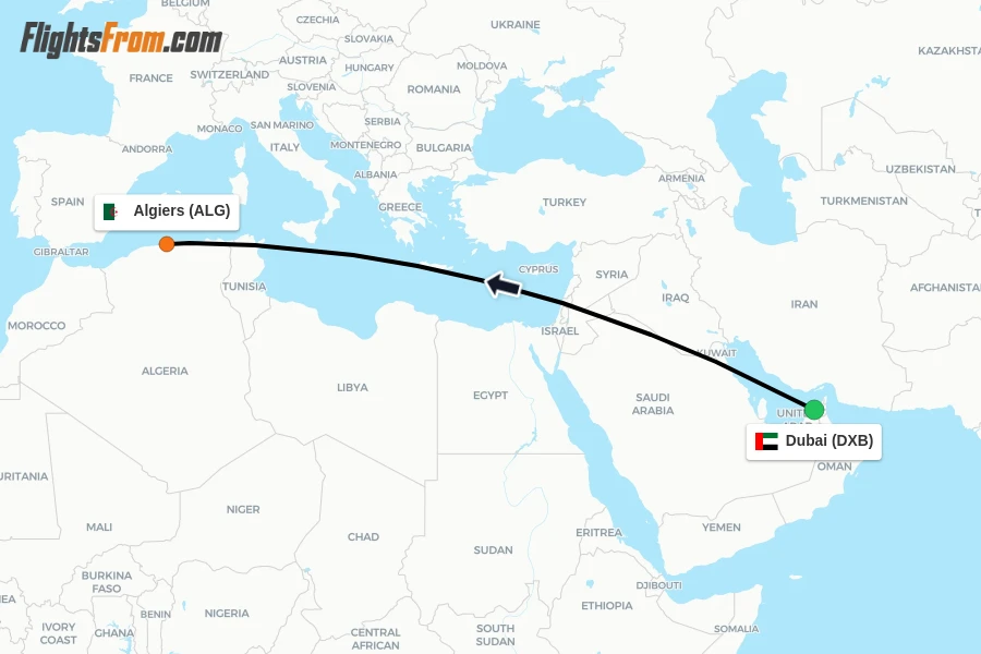 Flights from Dubai to Algiers route map