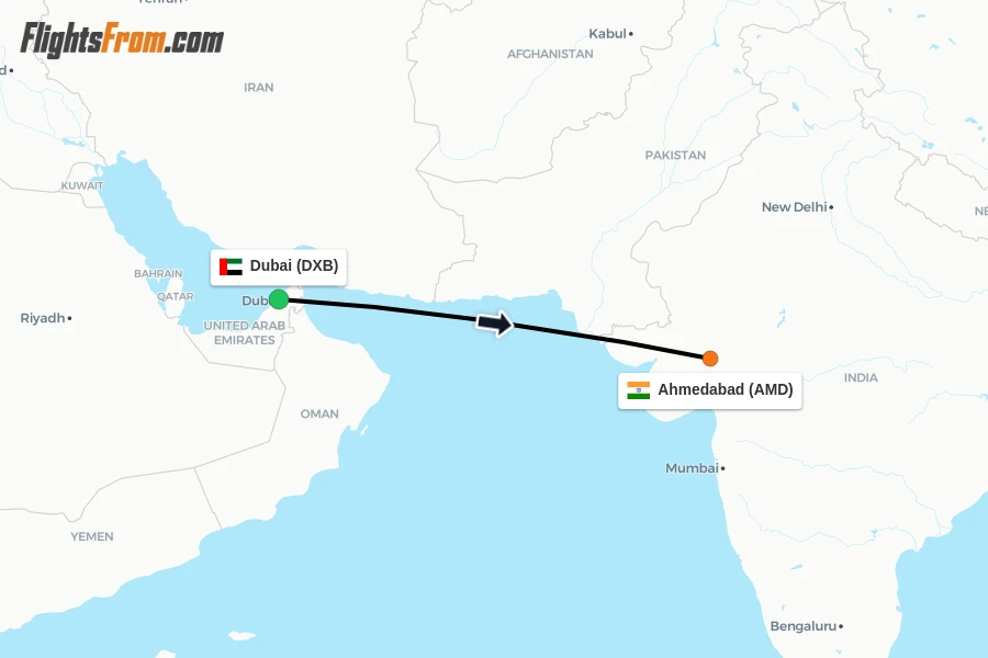 Flights from Dubai to Ahmedabad route map