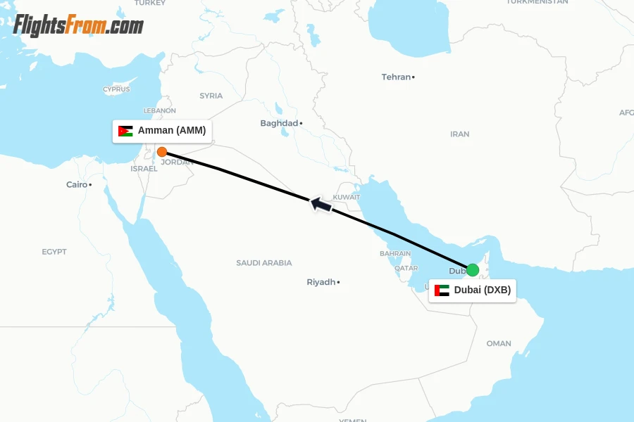 Flights from Dubai to Amman route map