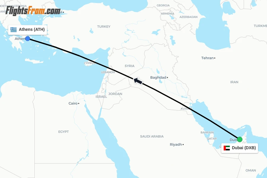 Flights from Dubai to Athens route map