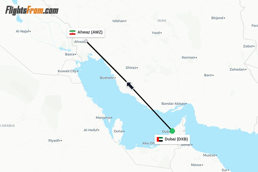 Flights from Dubai to Ahwaz route map