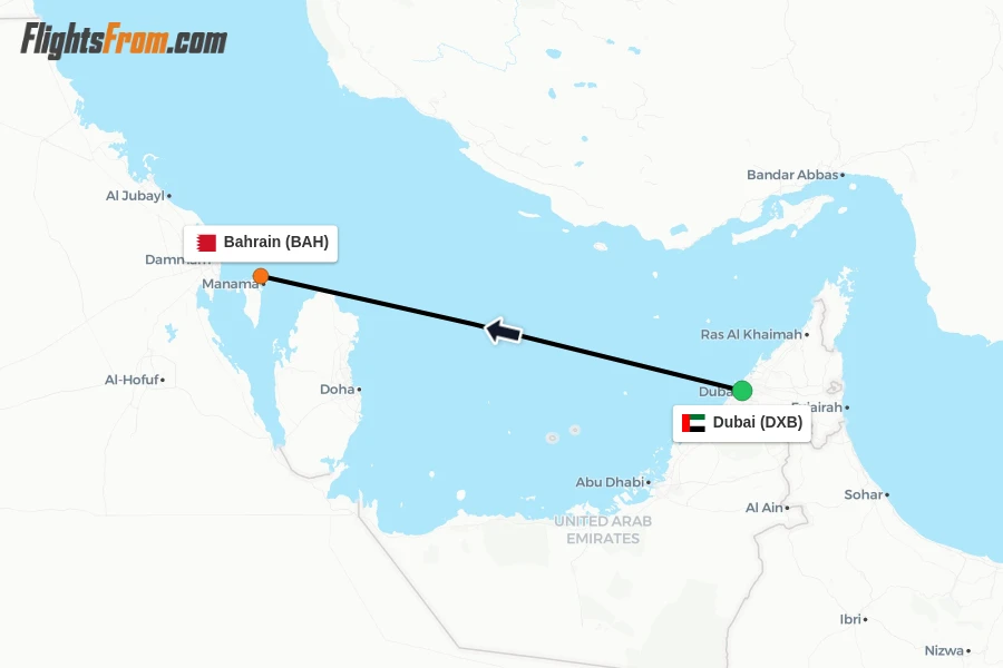 Flights from Dubai to Bahrain route map