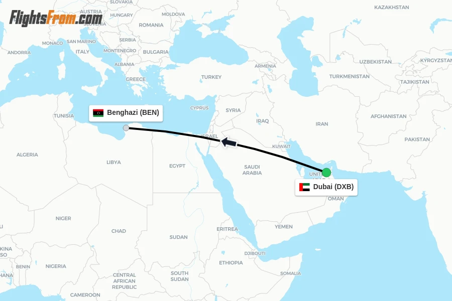 Flights from Dubai to Benghazi route map