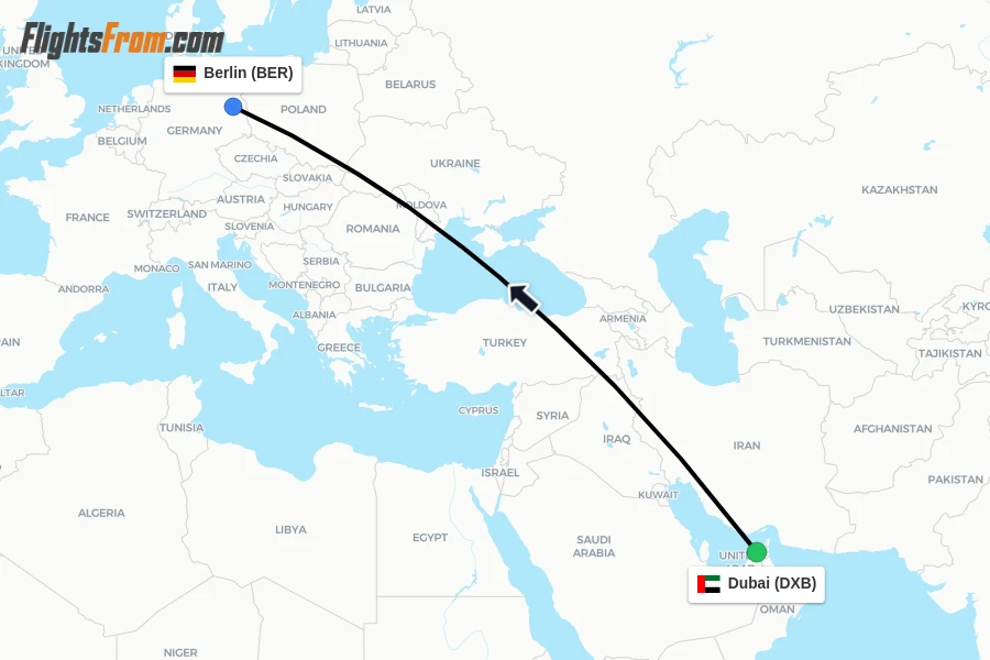 Flights from Dubai to Berlin route map