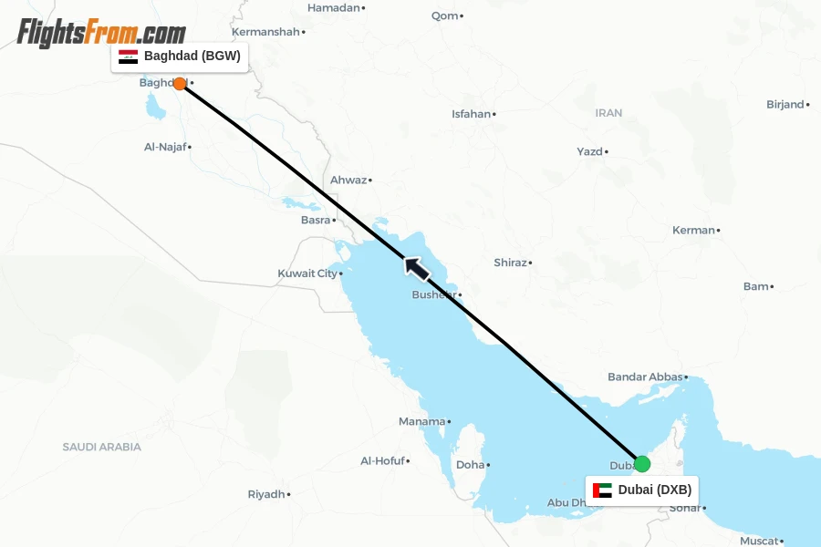 Flights from Dubai to Baghdad route map