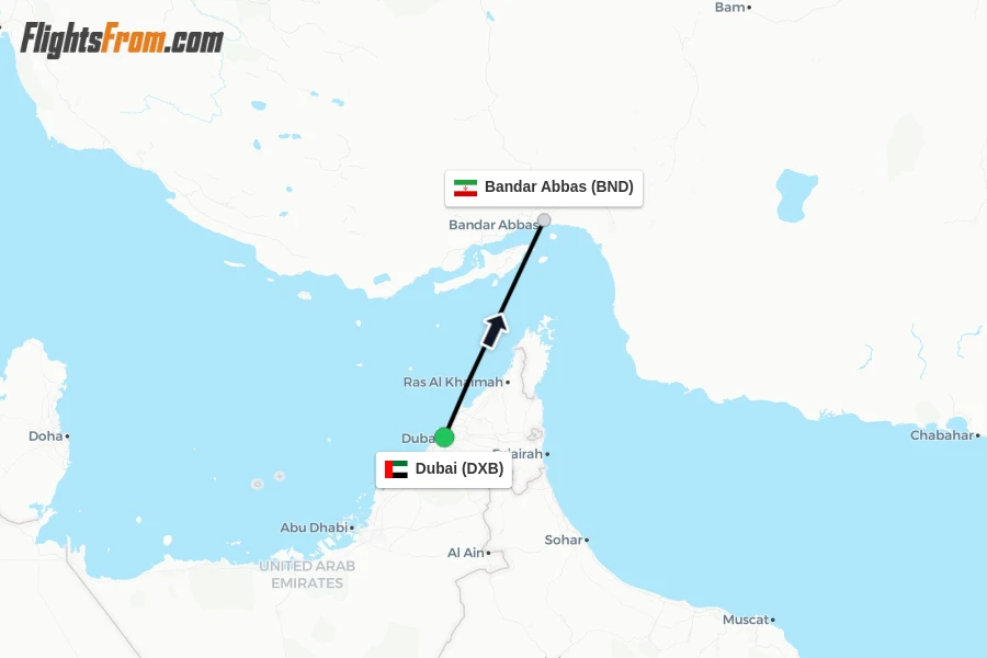 Flights from Dubai to Bandar Abbas route map