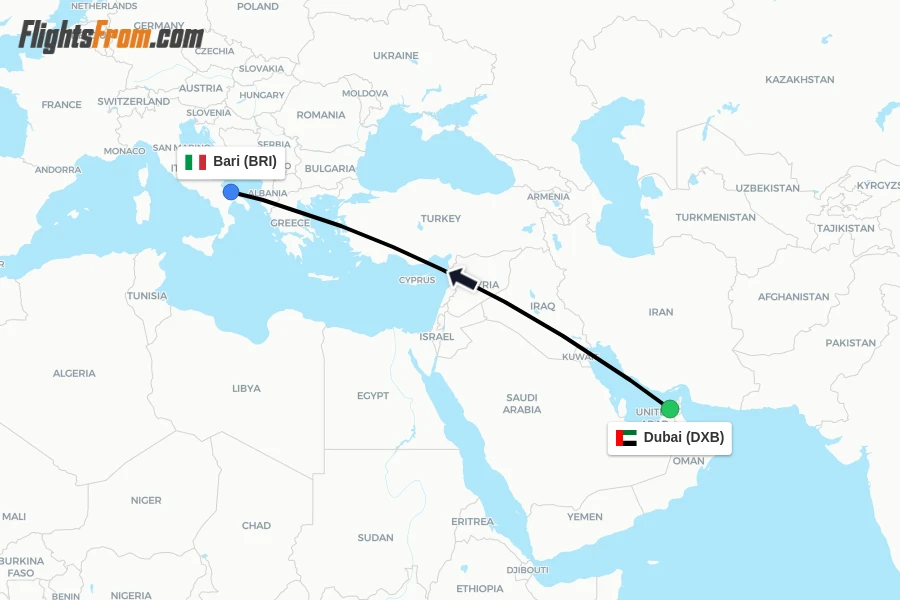 Flights from Dubai to Bari route map