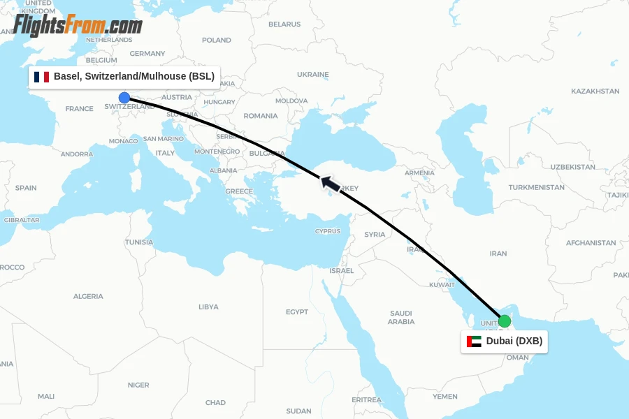 Flights from Dubai to Basel, Switzerland/Mulhouse route map