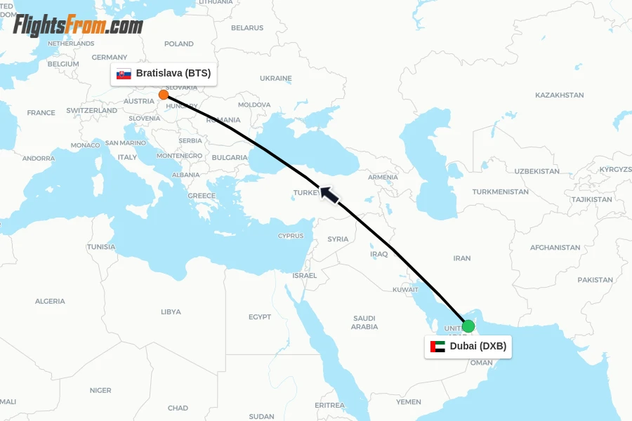 Flights from Dubai to Bratislava route map