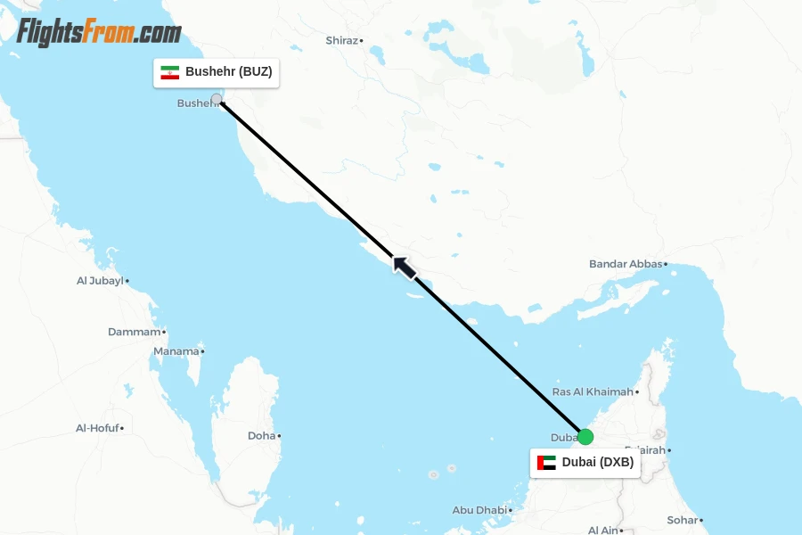Flights from Dubai to Bushehr route map