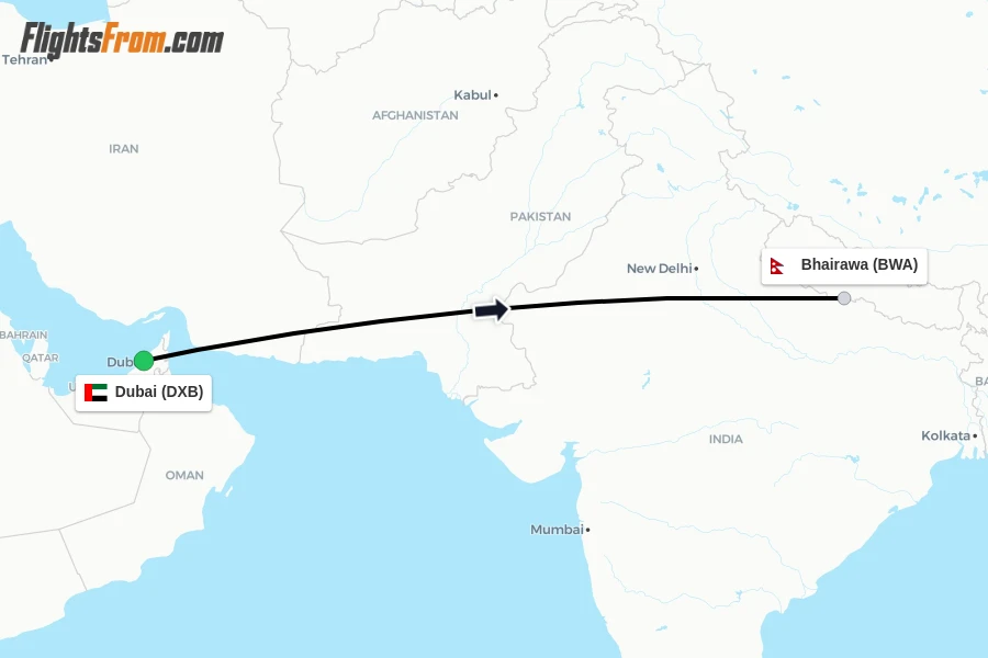 Flights from Dubai to Bhairawa route map