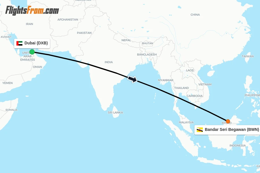 Flights from Dubai to Bandar Seri Begawan route map