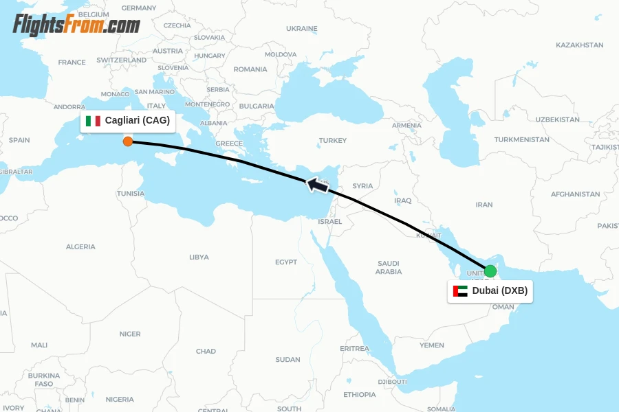 Flights from Dubai to Cagliari route map