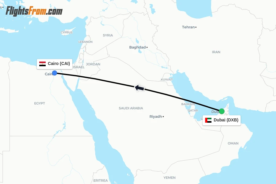 Flights from Dubai to Cairo route map