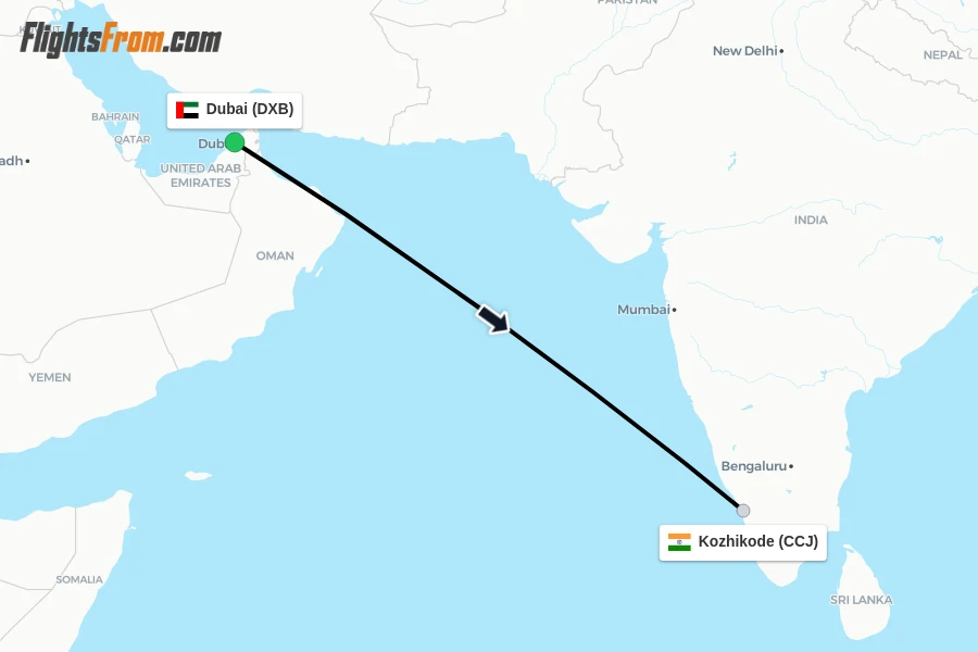 Flights from Dubai to Kozhikode route map