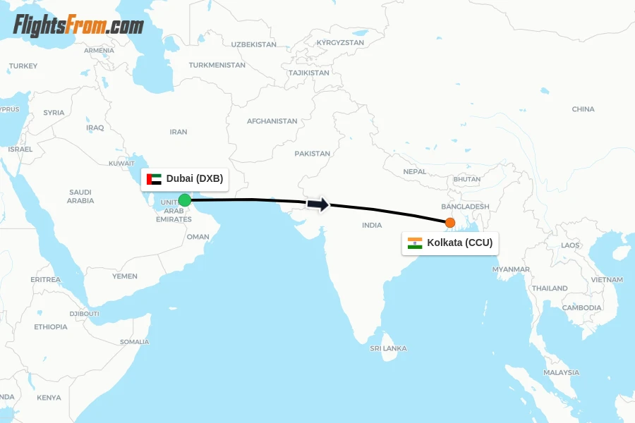 Flights from Dubai to Kolkata route map