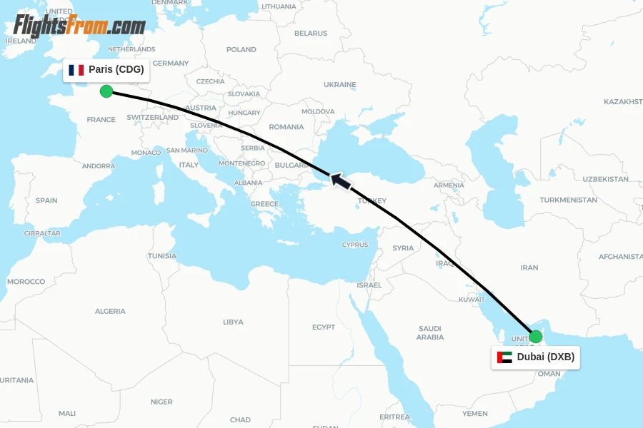 Flights from Dubai to Paris route map
