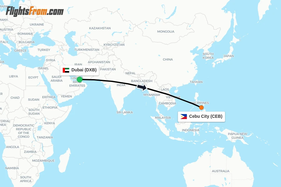 Flights from Dubai to Cebu City route map