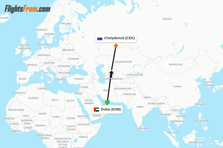 Flights from Dubai to Chelyabinsk route map