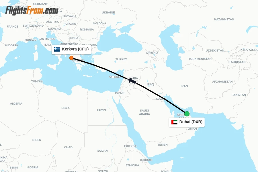 Flights from Dubai to Kerkyra route map