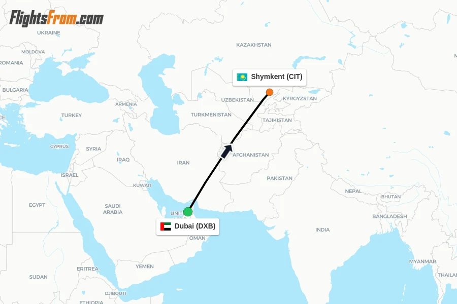 Flights from Dubai to Shymkent route map