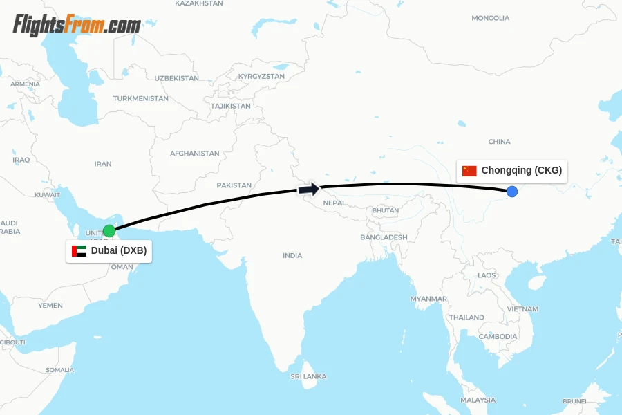 Flights from Dubai to Chongqing route map
