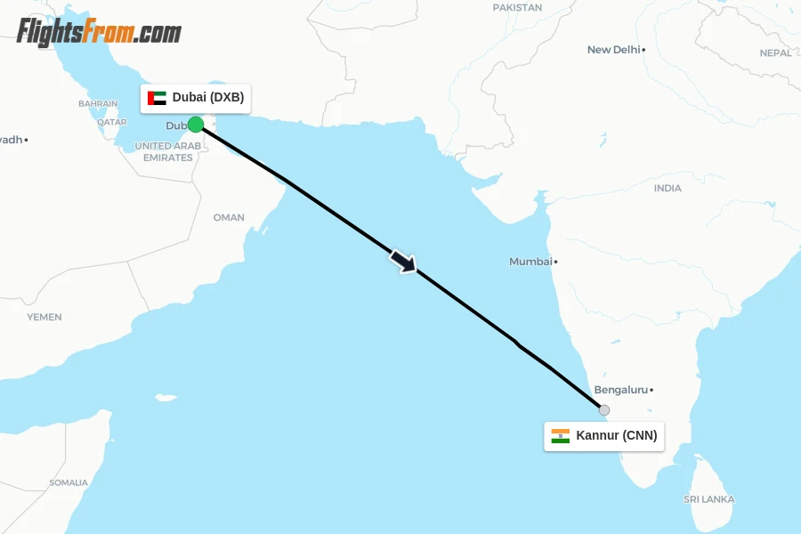 Flights from Dubai to Kannur route map