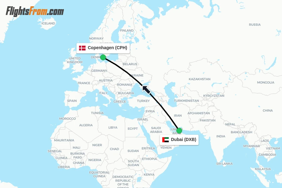 Flights from Dubai to Copenhagen route map