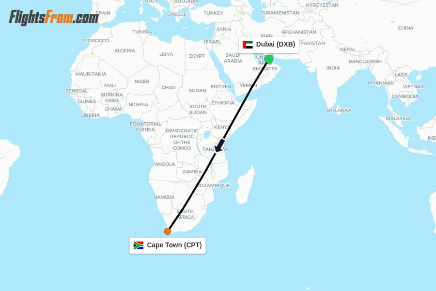 Flights from Dubai to Cape Town route map