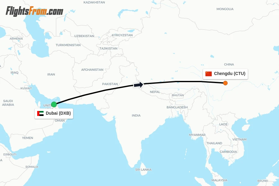 Flights from Dubai to Chengdu route map