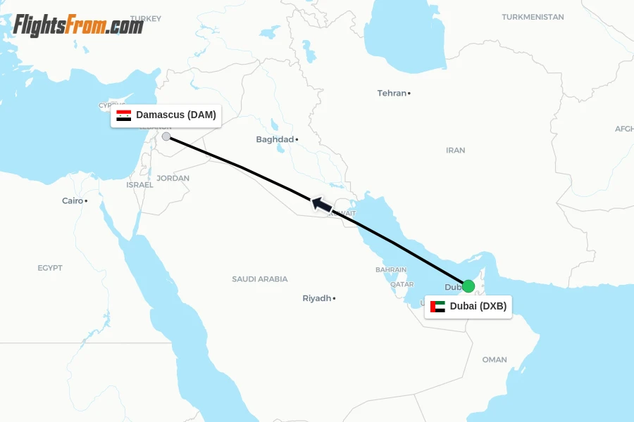 Flights from Dubai to Damascus route map