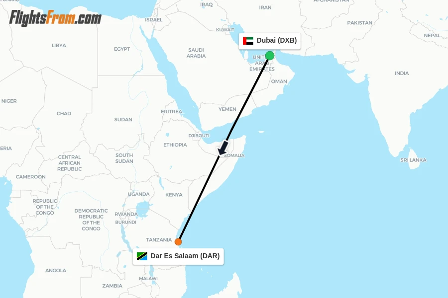 Flights from Dubai to Dar Es Salaam route map
