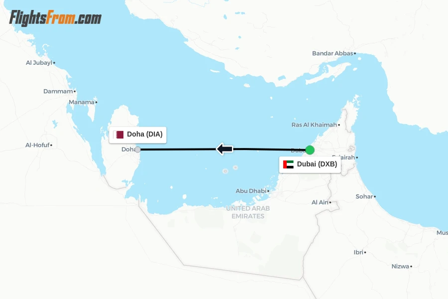 Flights from Dubai to Doha route map