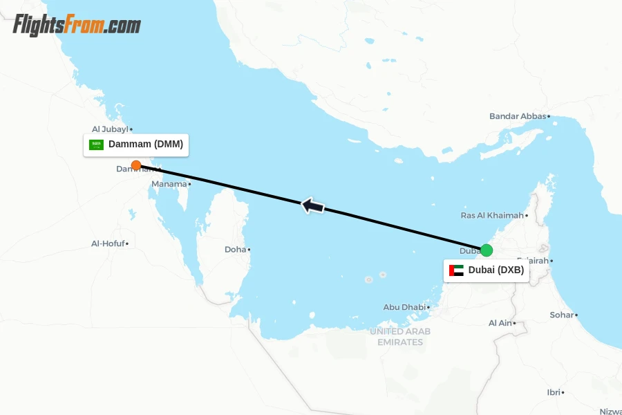 Flights from Dubai to Dammam route map