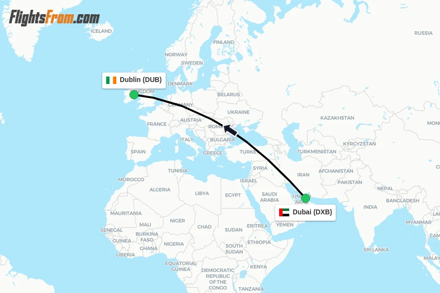 Flights from Dubai to Dublin route map