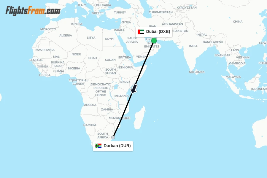 Flights from Dubai to Durban route map