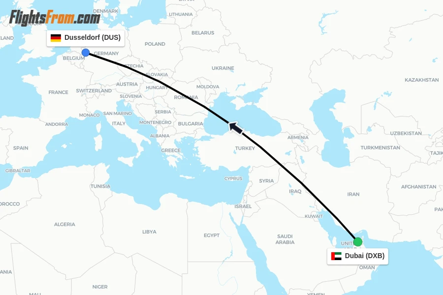 Flights from Dubai to Dusseldorf route map
