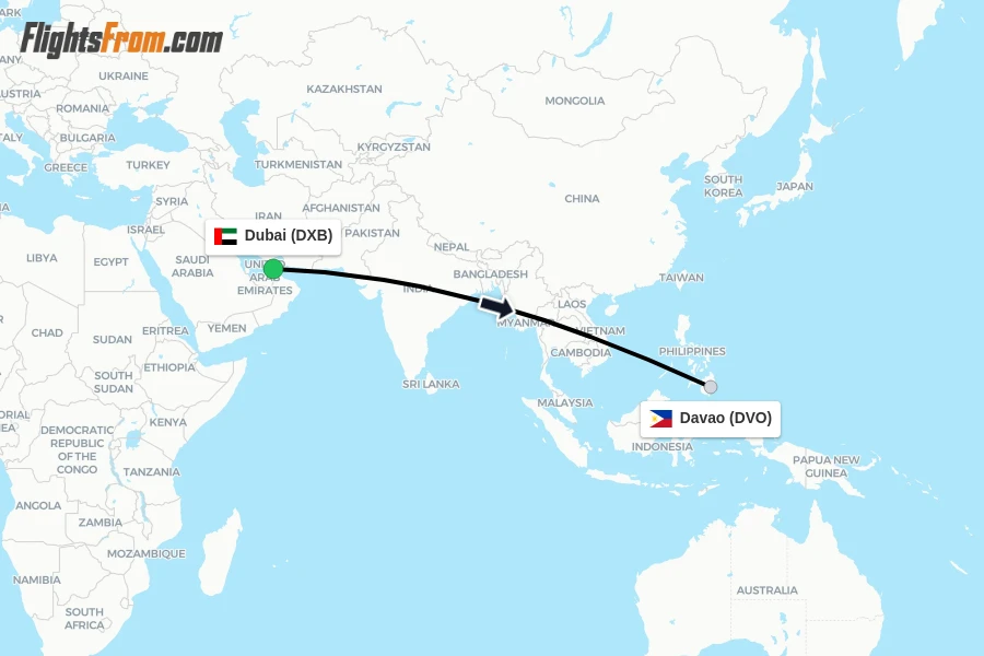 Flights from Dubai to Davao route map